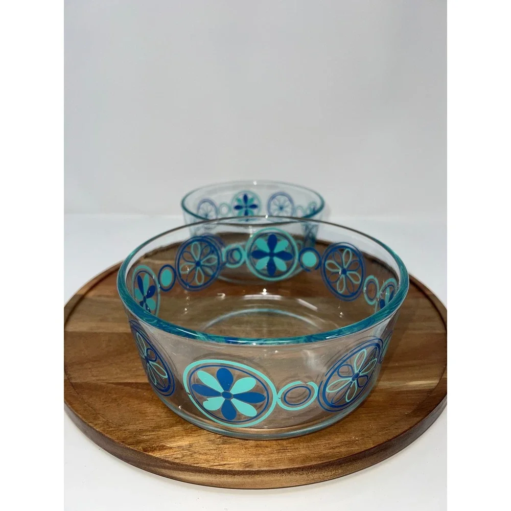 Pyrex Blue Mod Flowers Glass Bowls Set of 2 Vintage Retro MCM Teal Cobalt